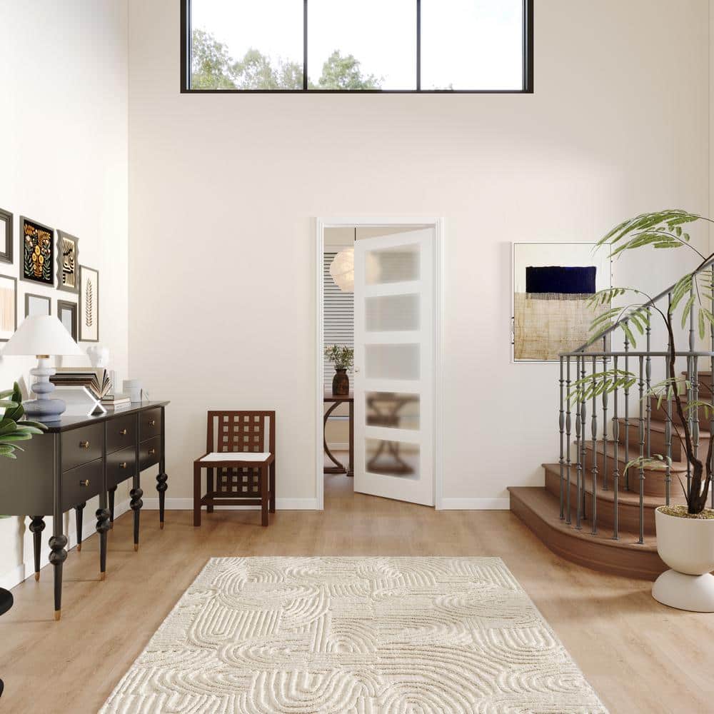 White 32'' x 80'' 5-Panel Frosted Glass Pine Interior Door Slab