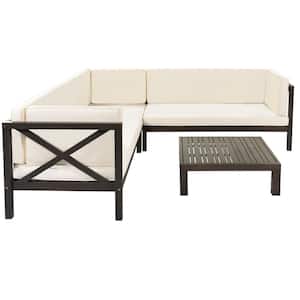 4-Piece Wood Outdoor Brown Sectional Sofa with Beige Cushions