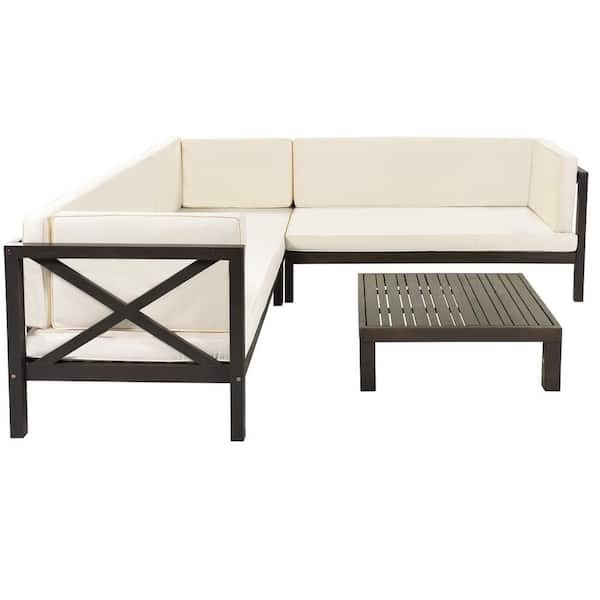 Sireck 4-Piece Wood Outdoor Brown Sectional Sofa with Beige Cushions