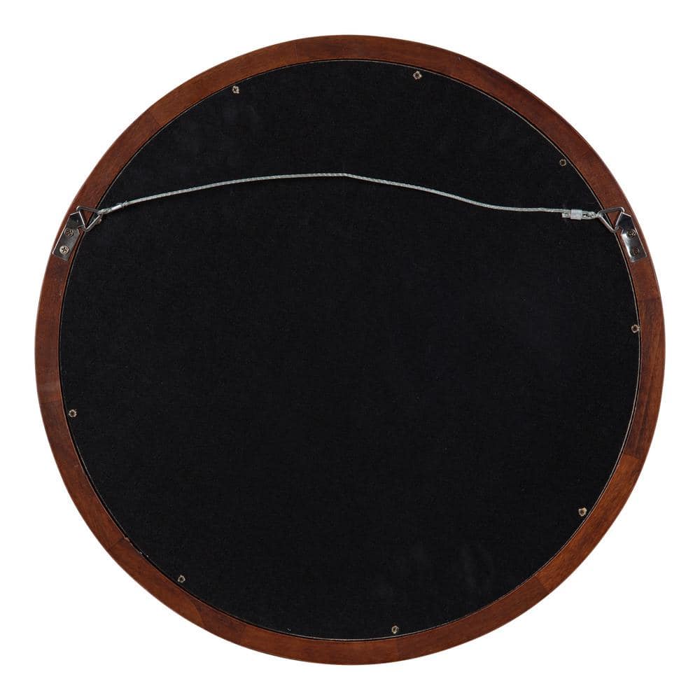 22" Round Walnut Brown Solid Poplar Wood Framed Wall Mirror