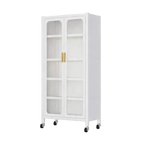 65 Inch Kitchen Pantry Storage Cabinet 6 Tier Metal Display Cabinet with Transparent Door White