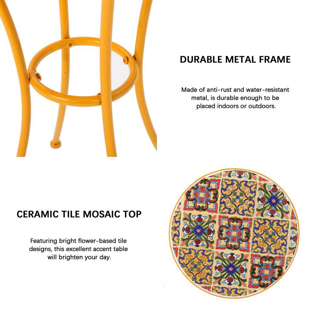 Yellow Ceramic Tile Mosaic Outdoor Side Table with Iron Frame