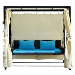 2-Person to 3-Person Steel Outdoor Swing Bed with Adjustable Curtains and Blue Cushions
