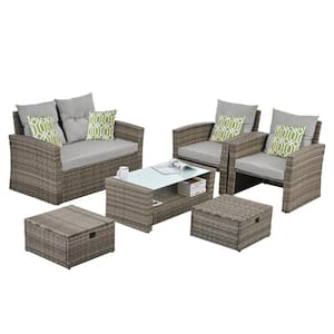 6-Piece Wicker Patio Conversation Set with Tempered Glass Coffee Table, Ottoman, Gray Cushions for Backyard, Garden