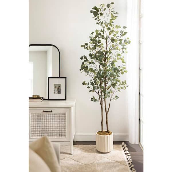 8 ft. Artificial Eucalyptus Tree in White Plastic Pot