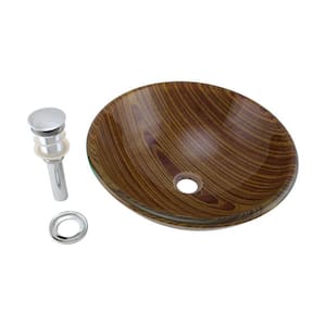 Small Brown Countertop Vessel Sink 16.5 in. Round Tempered Glass Wood Grain Design with Drain