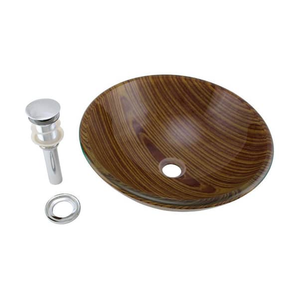 RENOVATORS SUPPLY MANUFACTURING Small Brown Countertop Vessel Sink 16.5 in. Round Tempered Glass Wood Grain Design with Drain