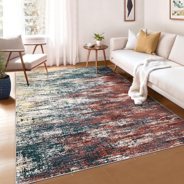 Red and Green 10 ft. x 13 ft. Modern Abstract Soft Washable Polyester Area Rug