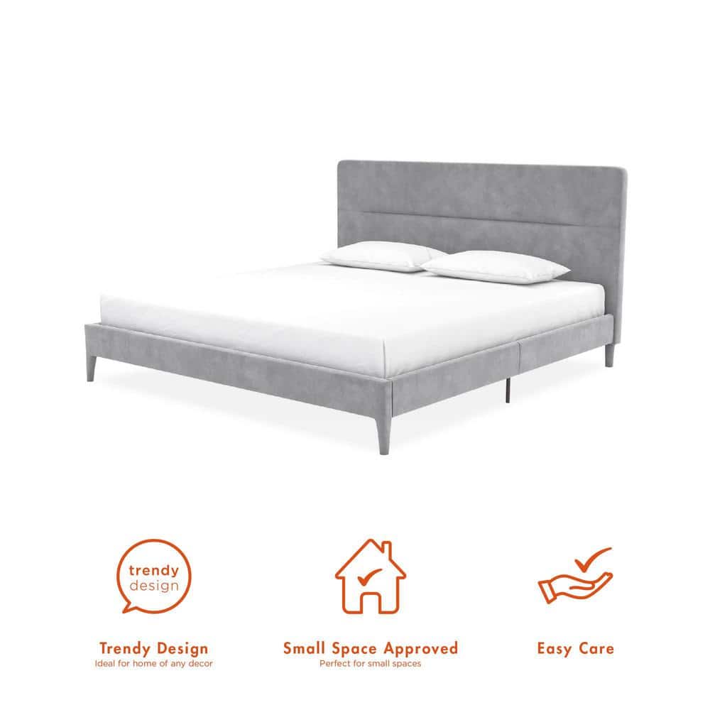 King-Size Light Gray Velvet Upholstered Bed with Minimalist Tufted Headboard