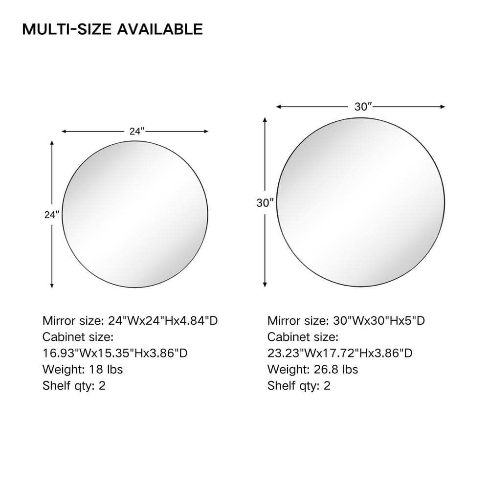 30" Matt Black Stainless Steel Round Medicine Cabinet with Mirror