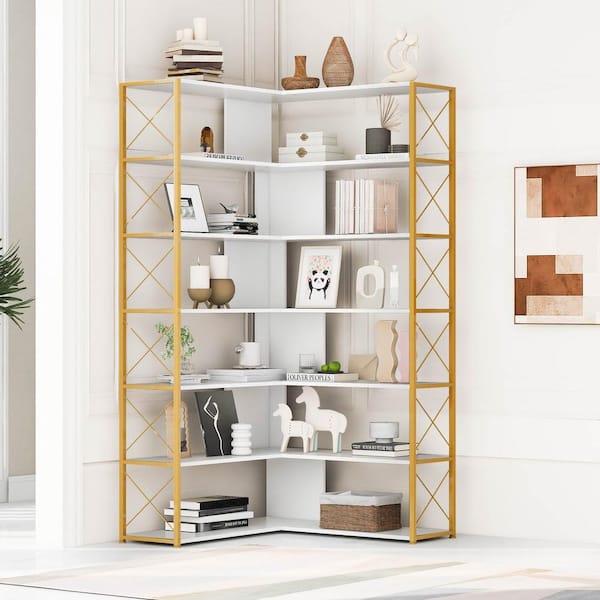 5 Tier Tall Corner Shelf, Bathroom Tower Shelves, 70 Inches Corner  Bookshelf and Bookcase - N/A White+Gold