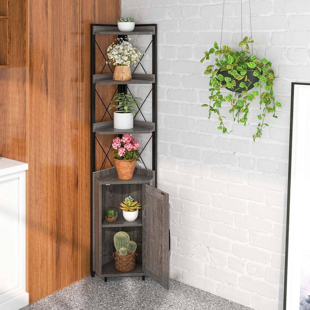 Costway 71 in. Tall Gray Wood 6Tier Corner Bookshelf Standard Bookcase