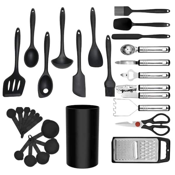 Adrinfly Silicone Kitchen Utensils Set Heat Resistant 446°F Cooking Tools Nonstick With Tongs Spatula Spoon Peeler Grater Black