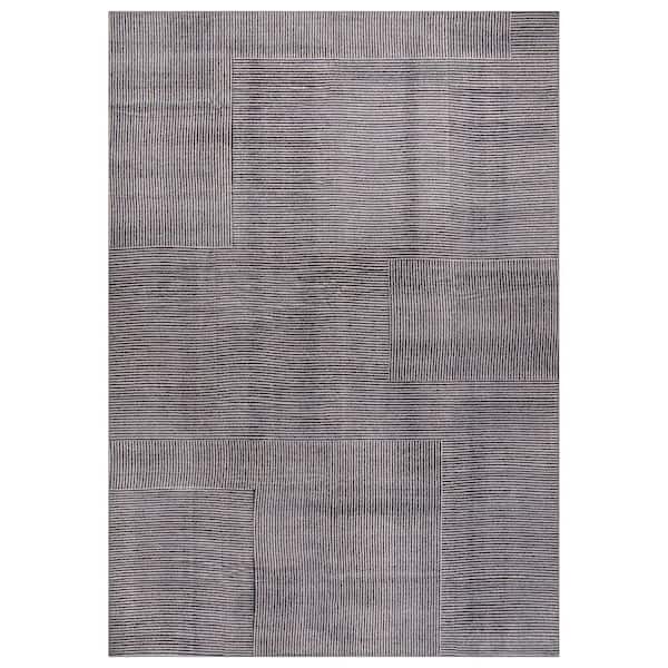 Linear Block Silver Mist Gray Machine Washable Non-Slip Backing Area Rug 6' x 9' Gray