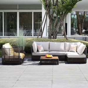 6-Piece Wicker Patio Conversation Seating Set with Beige Cushion and Wood Table