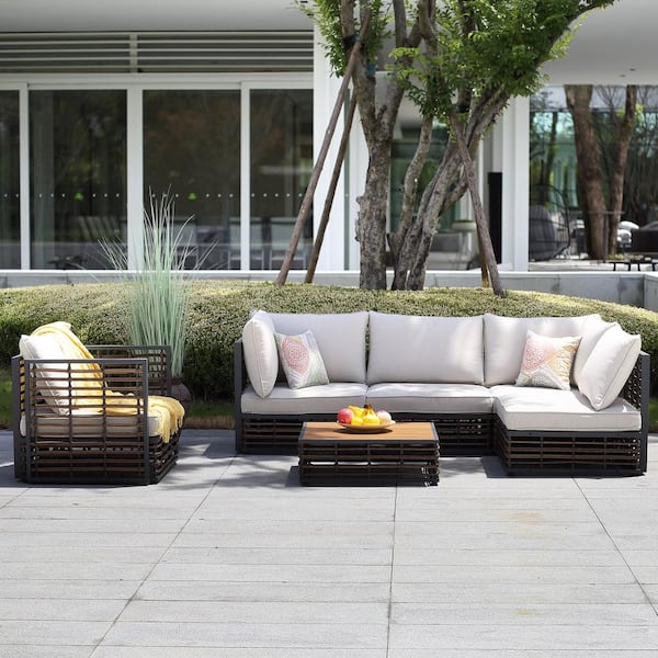 Cesicia 6-Piece Wicker Patio Conversation Seating Set with Beige Cushion and Wood Table