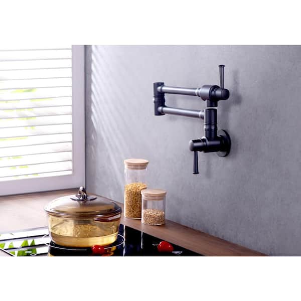 Wall Mounted Pot Filler Faucet with 2 Handle Kitchen Faucet in Matte Black