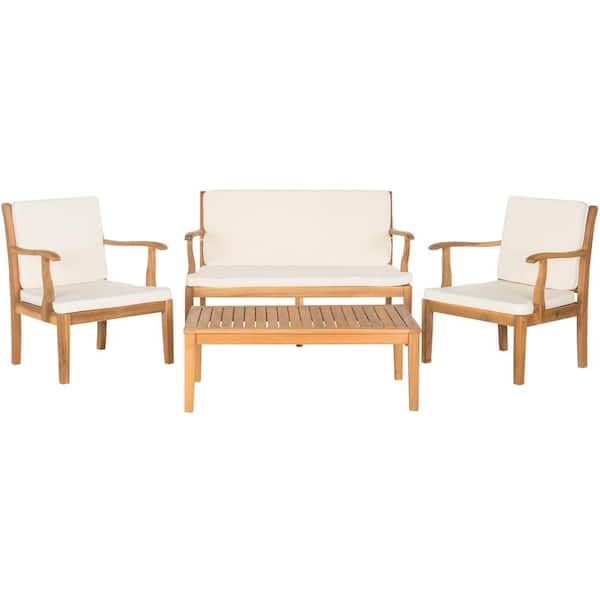 SAFAVIEH Bradbury Natural 4-Piece Wood Patio Conversation Set with Beige Cushions