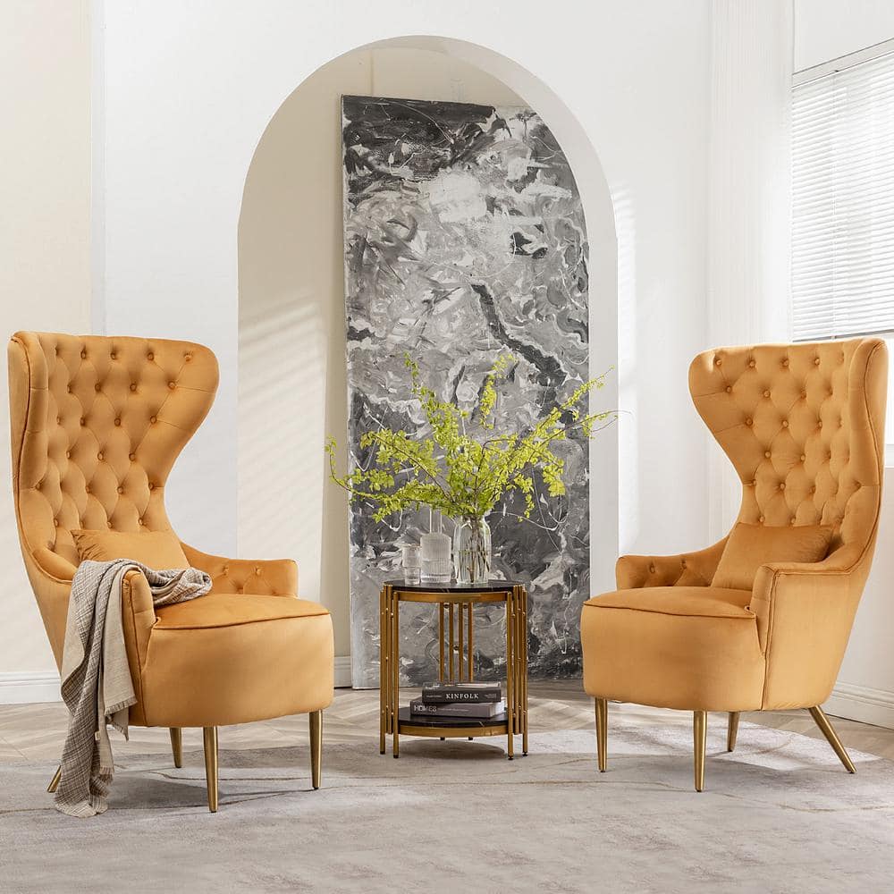 Camel Velvet Tufted Wingback Accent Chair with Gold Legs