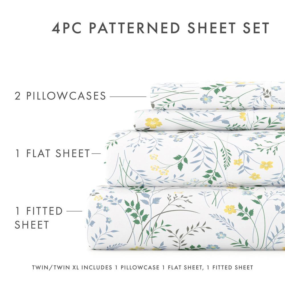 Light Blue Floral Microfiber Full Sheet Set with Deep Pockets