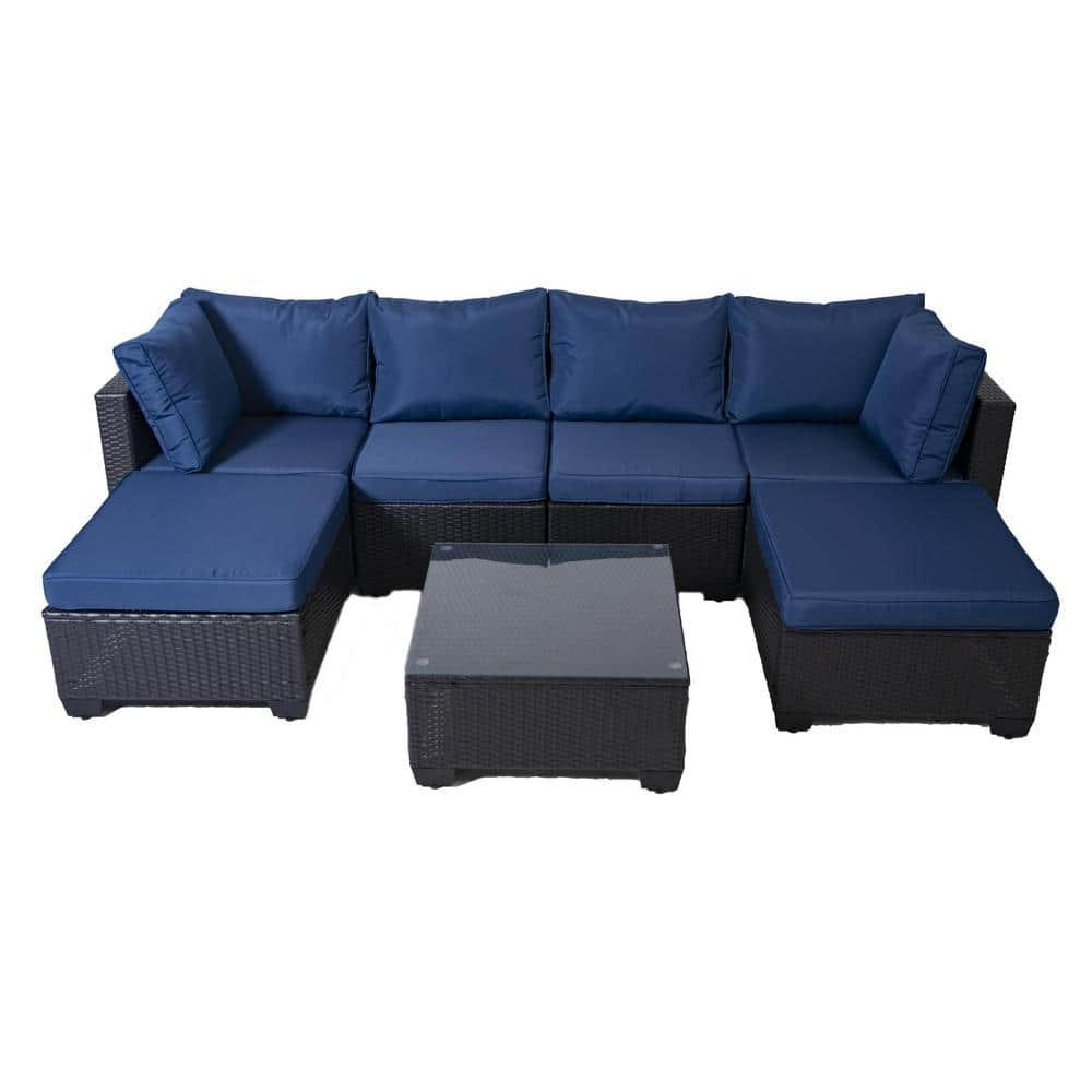 7-Piece Black Rattan Patio Furniture Set, Wicker Outdoor Sectional Sofa wit