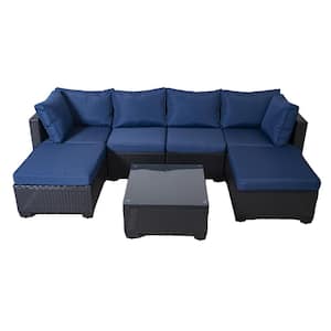 7-Piece Black Rattan Patio Furniture Set, Wicker Outdoor Sectional Sofa with Blue Cushions and Table