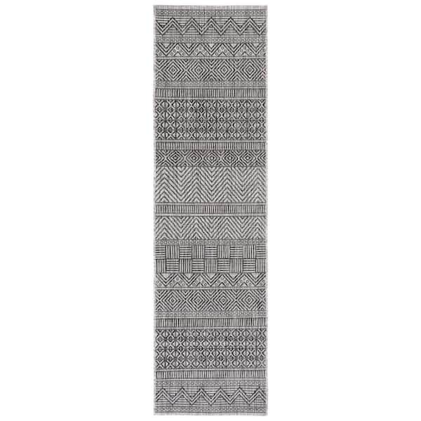 SAFAVIEH Courtyard Black/Gray 2 ft. x 12 ft. Runner Striped Tribal Chevron Indoor/Outdoor Area Rug