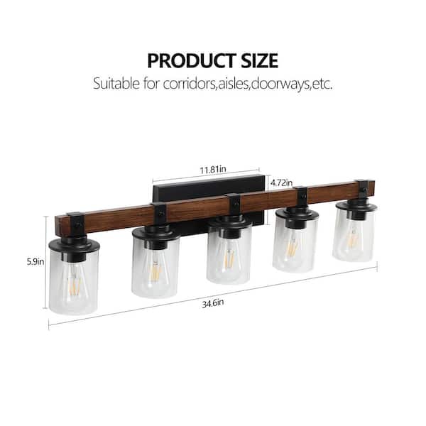 35" Rustic 5-Light Black Vanity Light, Industrial Bathroom Wall Sconce with Glass Shade and Wood Accent,Modern Farmhouse