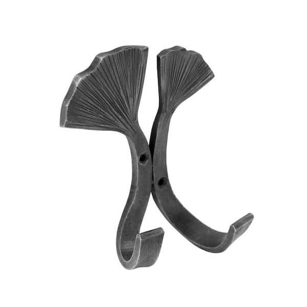 6.5 in. Tall Black Powder Coat Finish Wrought Iron Double Ginkgo Leaf Wall Hooks (Set of 2) Wall-Mounted Hooks