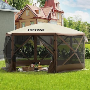Camping Gazebo Tent 10 ft. x 10 ft. 6 Sided Pop-Up Canopy Screen Tent for 8-Person with Storage Bag, Brown and Beige