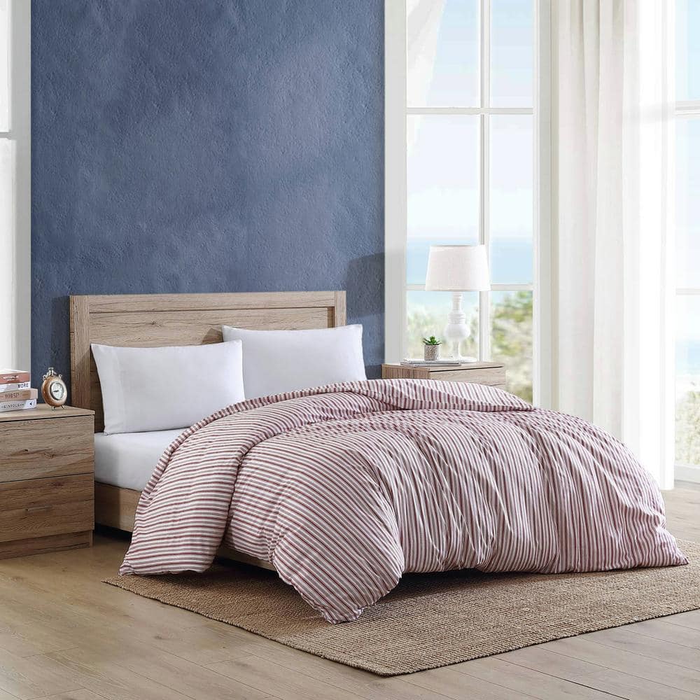 Coleridge Stripe Red Cotton Queen Duvet Cover with Button Closure