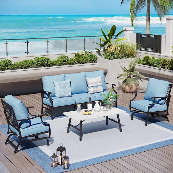 PHI VILLA Metal 5 Seat 4-Piece Steel Outdoor Patio Conversation Set With Rocking Chairs, Blue Cushions and Marble Pattern Table