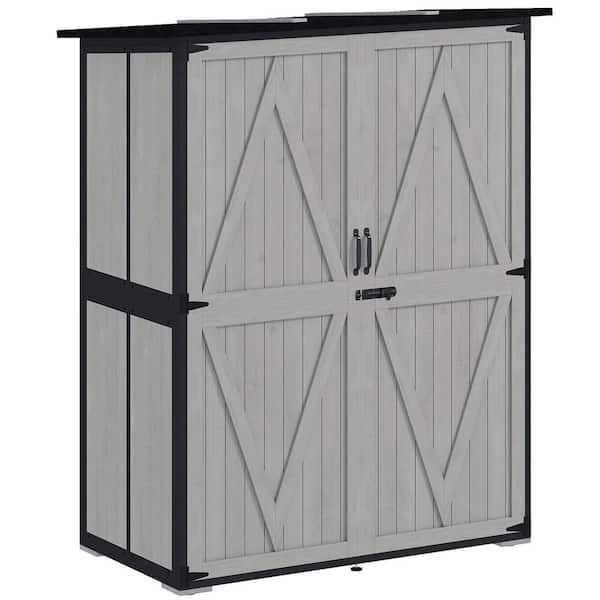 Outdoor Storage Shed, Wooden Garden Storage Cabinet with Waterproof Asphalt Roof, 2 Shelves and Lockable Doors, Gray