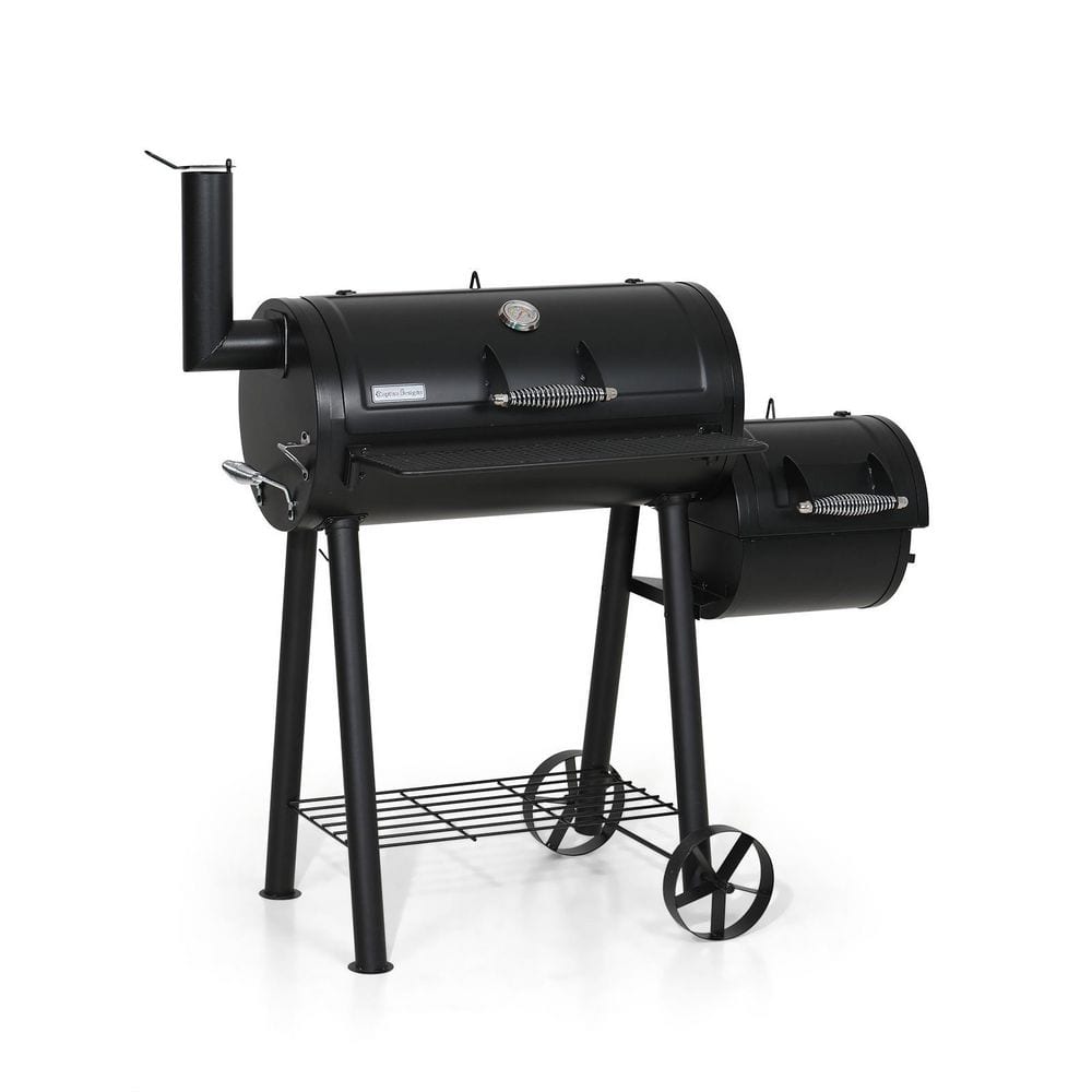 PHI VILLA Offset Charcoal Smoker and Grill in Black