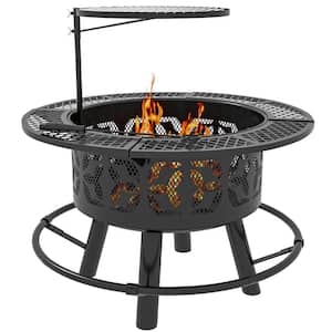 2-in-1 Fire Pit BBQ Grill 33" Portable Wood Burning Firepit with Adjustable Cooking Grate, Camping Bonfire Stove Black
