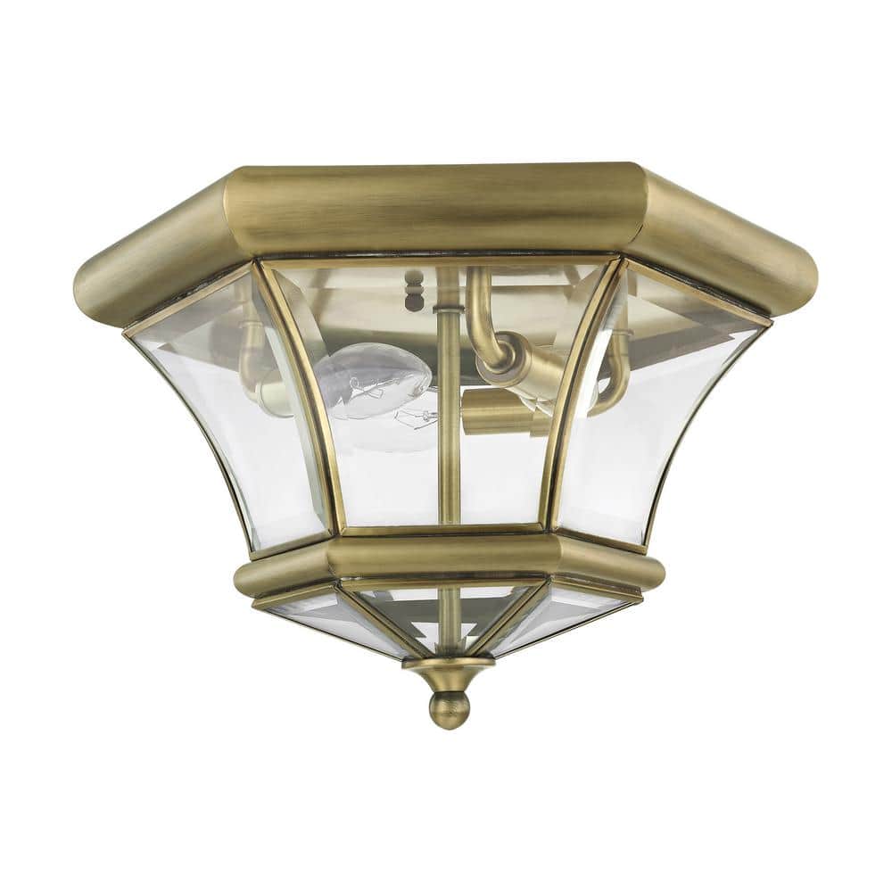 Antique Brass Hexagon 3-Light Outdoor Ceiling Lantern with Clear Beveled Glass