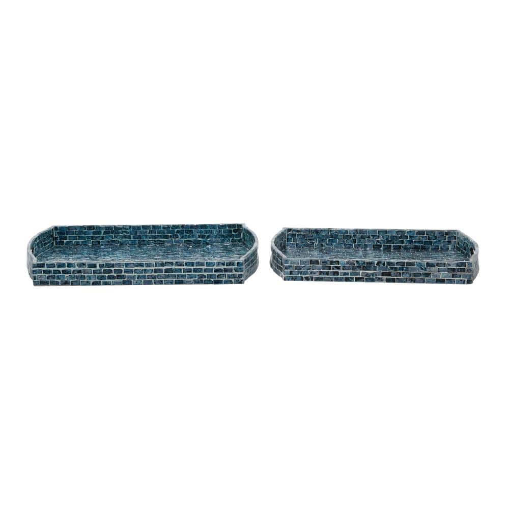 Blue Mosaic Wood Rectangular Decorative Tray Set, 2-Piece