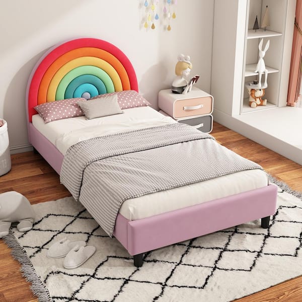 Harper & Bright Designs Rainbow Design Colorful Twin Size Wood Frame Velvet Upholstered Kids Bed Platform Bed with Metal Legs
