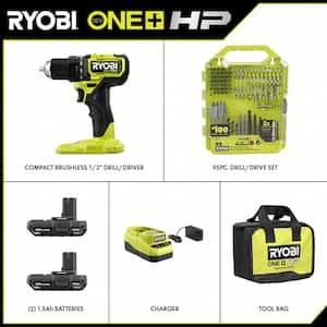 ONE+ HP 18V Brushless Cordless Compact 1/2 in. Drill/Driver Kit with (2) 1.5 Ah Batteries, Charger, Bag, & 95PC Bit Set