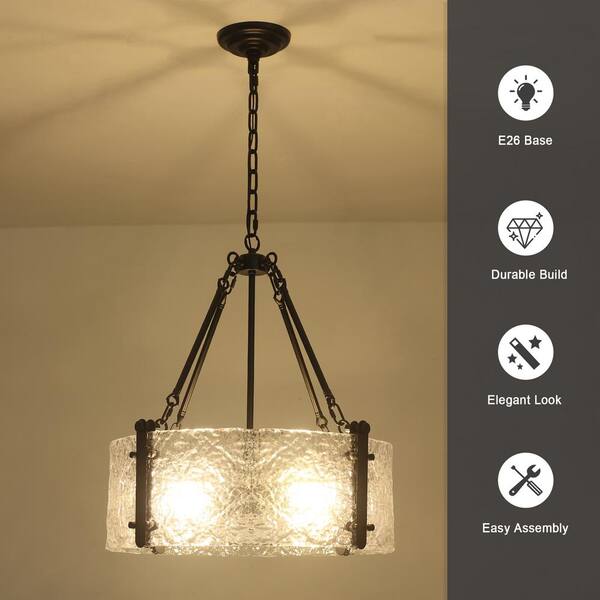 ADSENSTY 4-Light Dimmable Black Drum Chandelier With Ripple
