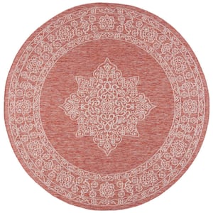 Courtyard Rust/Ivory 5 ft. x 5 ft. Border Medallion Indoor/Outdoor Patio  Round Area Rug