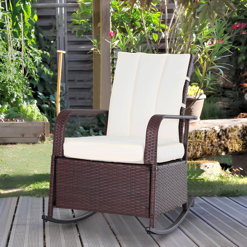 Metal Steel Outdoor Rocking Chair with Beige Cushions