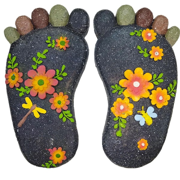 Resin Stepping Stones Garden Decorative Dark Grey Stones Set of 2 L: 9.5 in. W: 5.2 H: 0.98