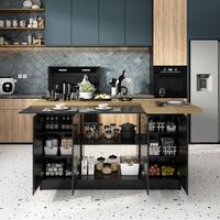 Black Wooden 77.3 in. W Kitchen Island Dining Bar Table With Table Top, Shelves, Door Cabinets