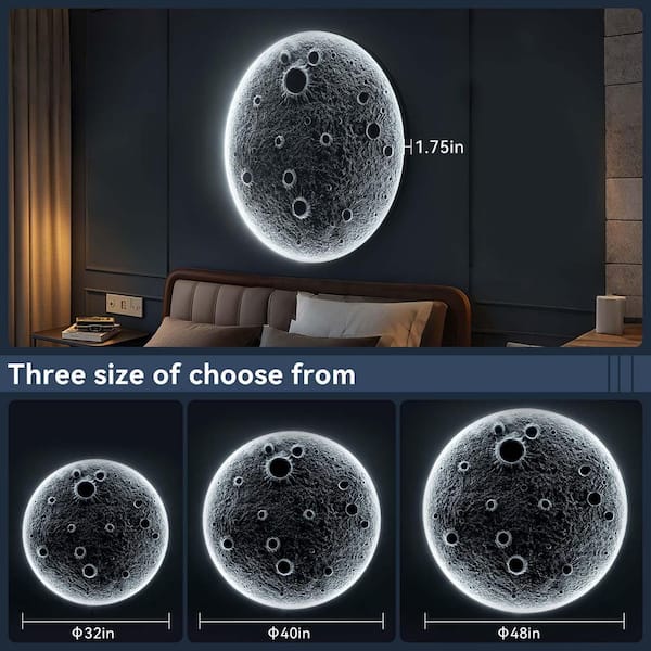 ★MOON★ 32 in. x 32 in. Gray Metal Work Realistic Resin Moon with Dimmable