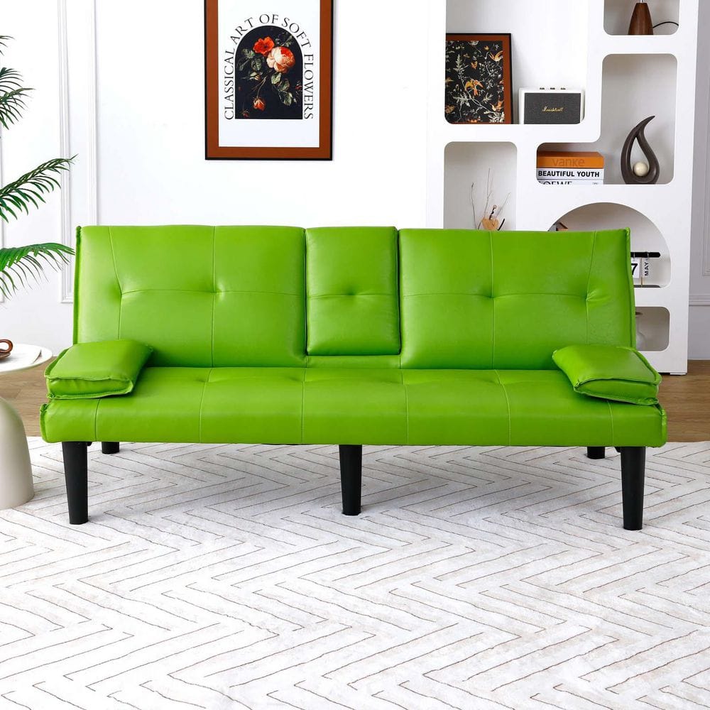 67 in. Green PVC Leather Upholstered Convertible Futon Sofa Bed