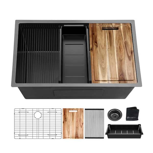 Glacier Bay 32 in. Undermount Single Bowl 18 Gauge Gunmetal Black Stainless Steel Workstation Kitchen Sink