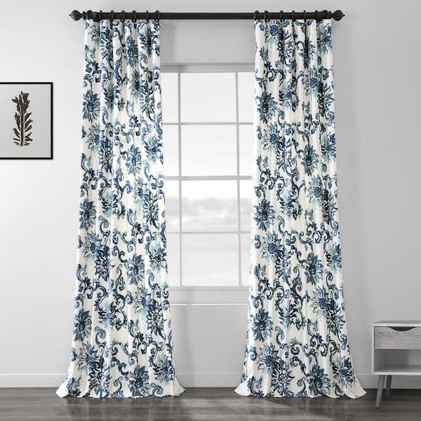 Exclusive Fabrics & Furnishings Indonesian Blue Floral Rod Pocket Room Darkening Curtain - 50 in. W x 84 in. L (1 Panel)