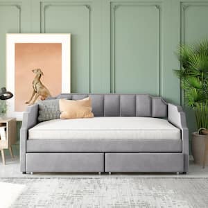 Gray Twin Upholstered Daybed with Drawers, Wood Daybed Frame with Wood Slat Support and Rivets Decorate