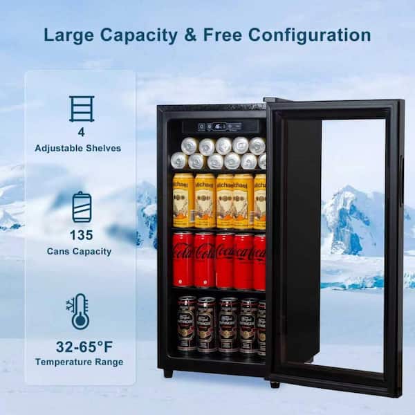 16 in. Single Zone 135 Cans Beverage Cooler in Black with Double Glazed Door, Door Locks, 32°F - 65°F